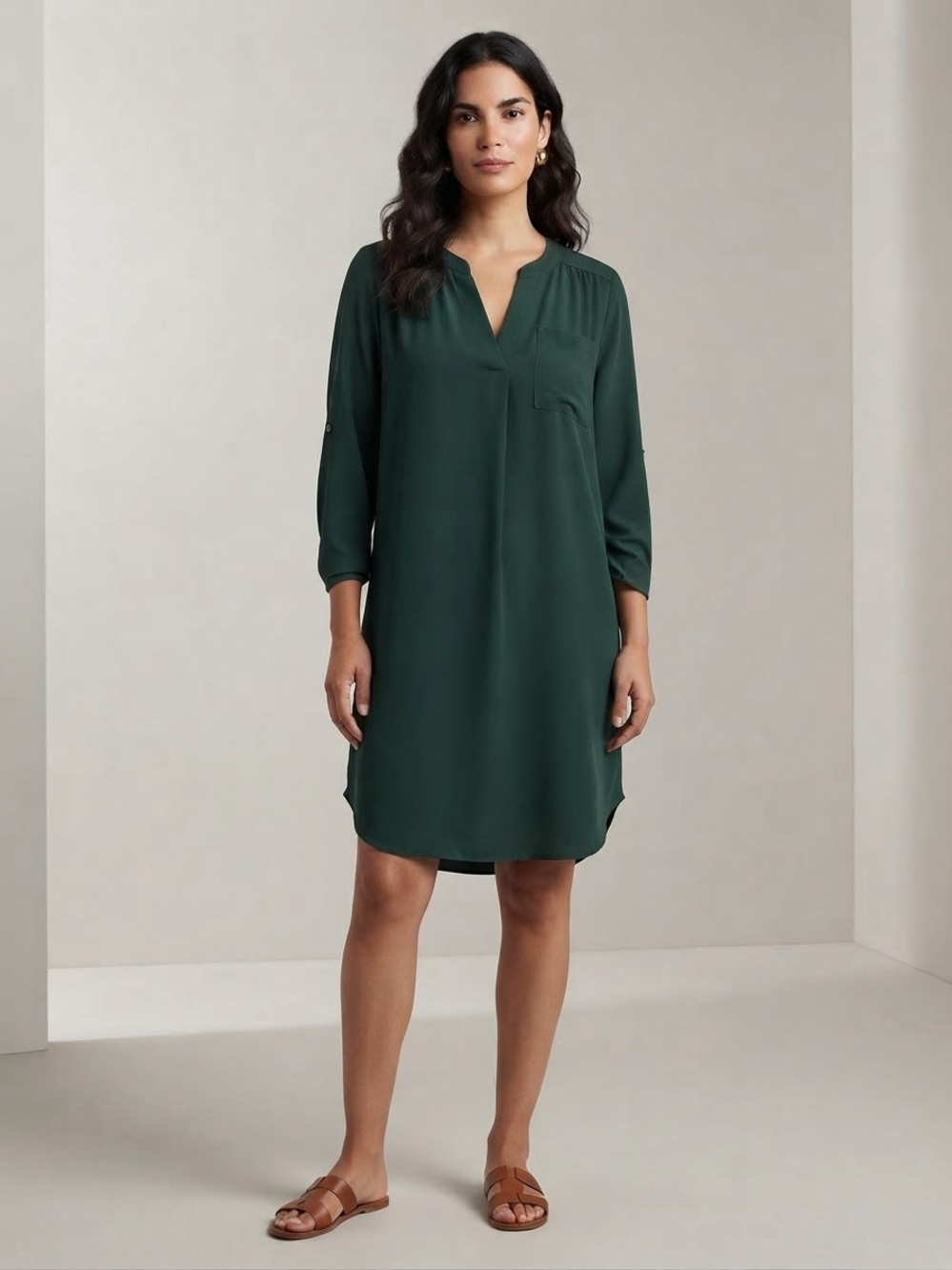 West Kei Deep Green V-Neck Midi Shirt Dress